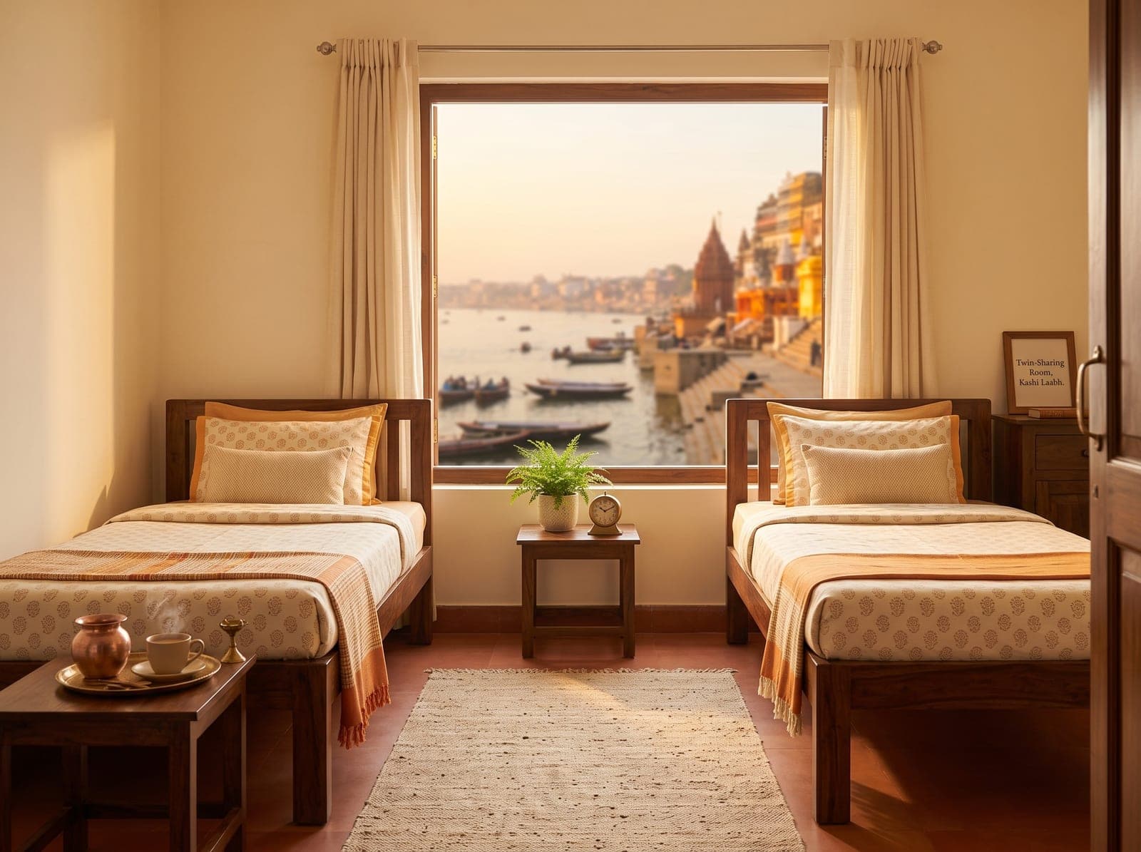 A calm, fully furnished room at Dinesh Kiran Kashi Laabh